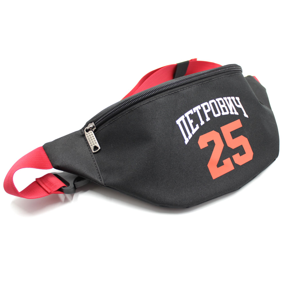 сумка поясная черная с логотипом и красной стропой сбоку